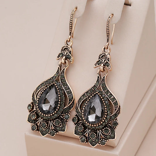 Luxury Gray Crystal Bridal Earrings for Women Antique Gold Color Beach Party Drop Earrings Vintage Jewelry