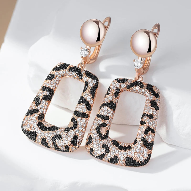 Shiny Natural Zircon Leopard Print Drop Earrings for Women Unique 585 Rose Gold and Black Plating Vintage Daily Jewelry