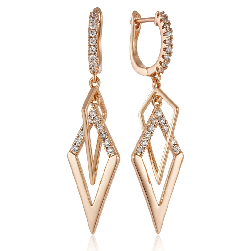 Fashion Glossy Hollow Rhombus Drop Earring for Women Unusual Natural Zircon 585 Rose Gold Color Daily Fine Ethnic Jewelry