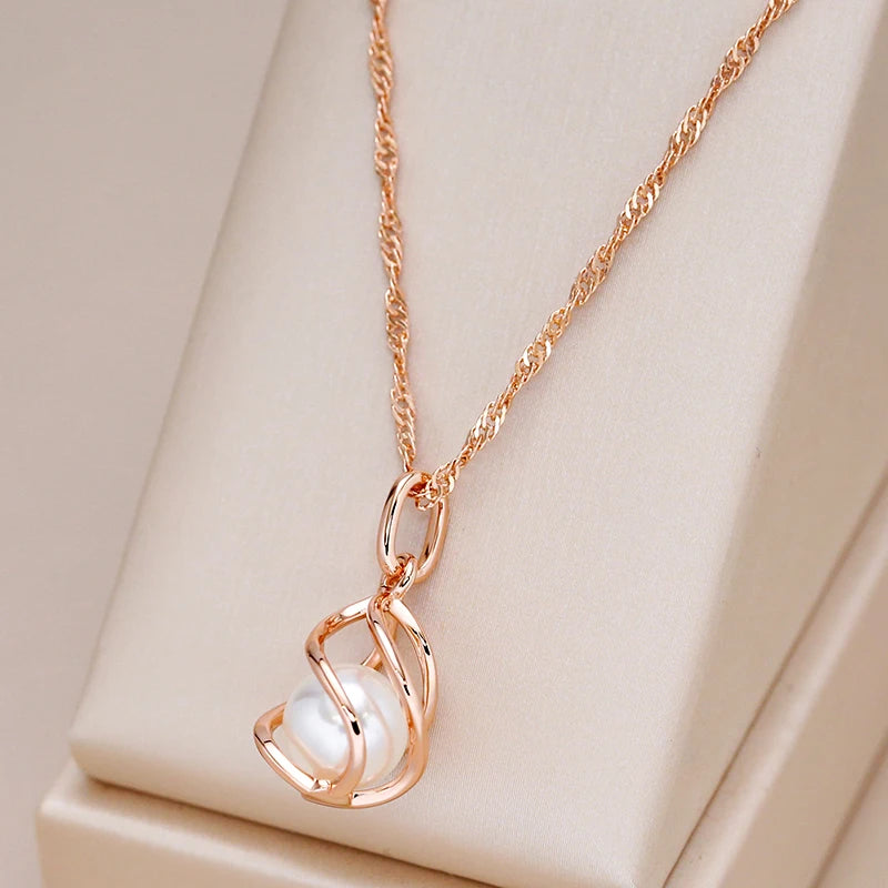 Luxury 585 Rose Gold Pendant Necklace for Women Unique Geometric Hollow Pearl Bridal Wedding Jewelry Daily Wear Gift