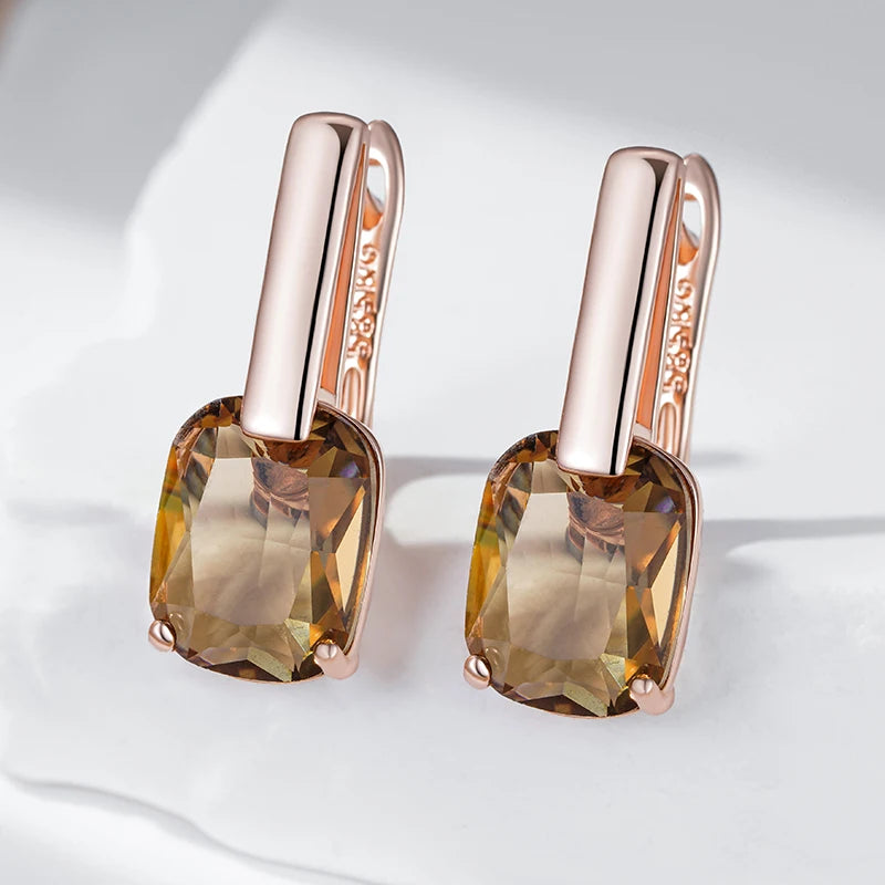 Square Brown Natural Zircon Drop Earrings for Women Fashion 585 Rose Gold Color High Quality Bride Wedding Jewelry