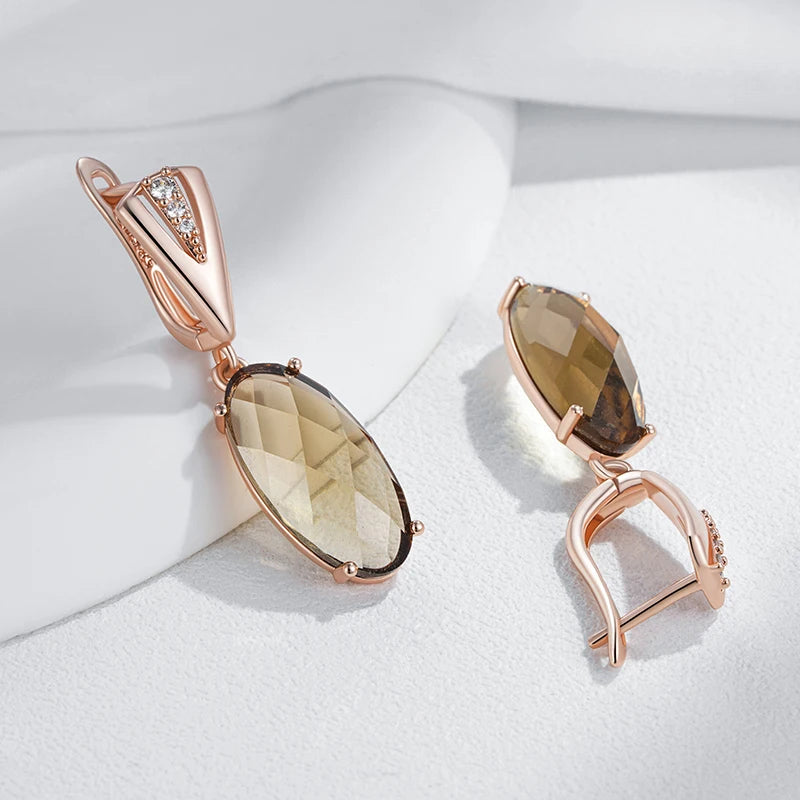 Fashion Big Oval Brown Natural Zircon Dangle Earrings for Women Simple 585 Rose Gold Color Bride Wedding Fine Jewelry