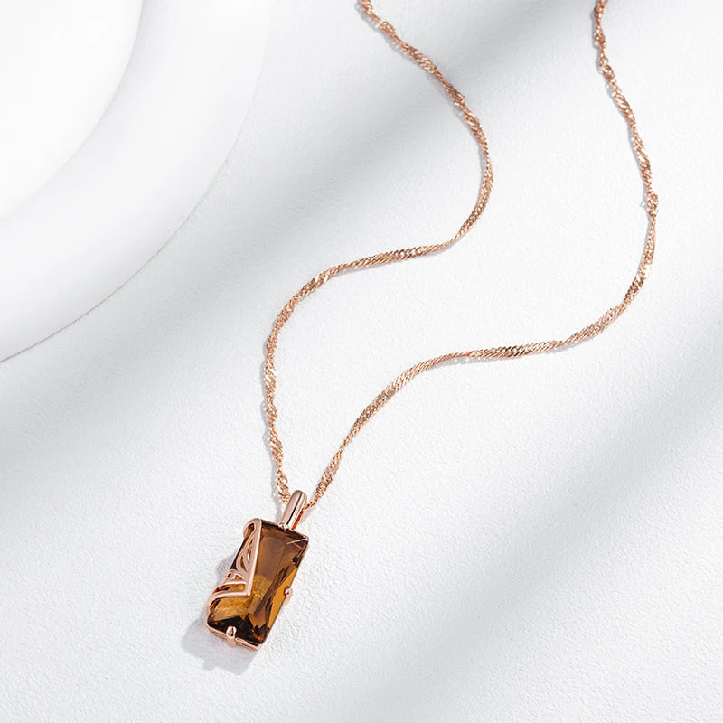 Fashion Light Brown Natural Zircon Pendant Necklace for Women Simple Square 585 Rose Gold Color High Quality Daily Jewelry
