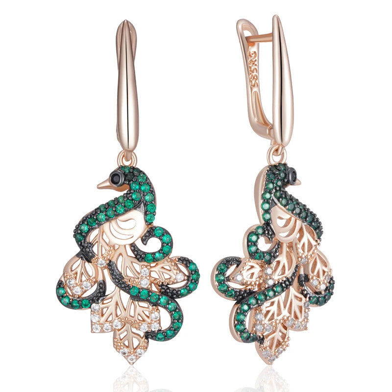 Hot Green Natural Zircon Peacock Drop Earrings for Women 585 Rose Gold and Black Plating Vintage Animal Daily Punk Jewelry