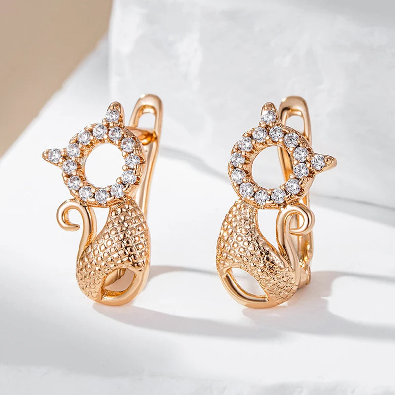 Luxury Cute Cat Earrings for Girls 585 Rose Gold Color Natural Zircon Accessories Children Baby Xmas Gifts Animal Jewelry