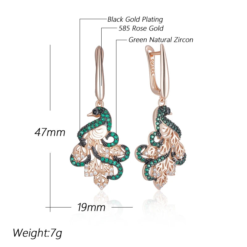 Hot Green Natural Zircon Peacock Drop Earrings for Women 585 Rose Gold and Black Plating Vintage Animal Daily Punk Jewelry