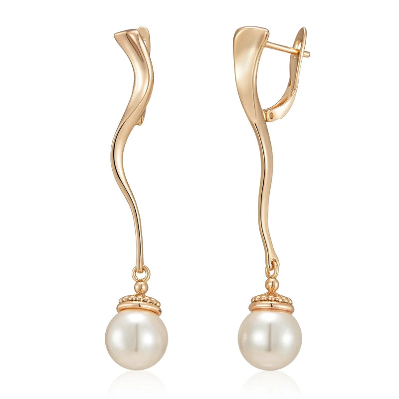 Long Wave Pearl Drop Earrings for Women Luxury 585 Rose Gold Color Accessories Party Daily Fine Jewelry