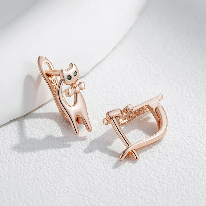Kitty Cat Earrings for Girls 585 Rose Gold Color Natural Zircon Accessories Children Baby Xmas Gifts Animal Jewelry