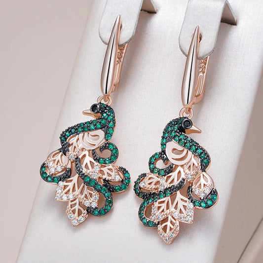 Hot Green Natural Zircon Peacock Drop Earrings for Women 585 Rose Gold and Black Plating Vintage Animal Daily Punk Jewelry
