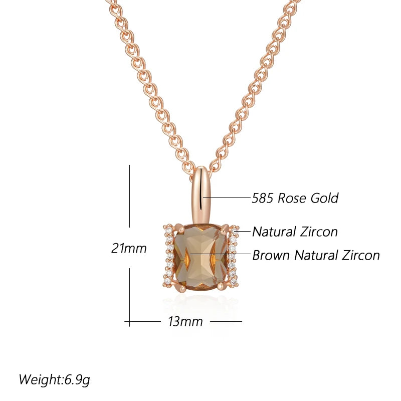 Hot Big Brown Natural Zircon Pendant Necklace for Women Fashion 585 Rose Gold Color High Quality Bride Wedding Jewelry