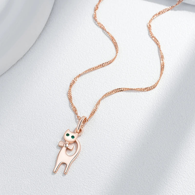 Cute Cat Pendant Necklace for Girls 585 Rose Gold Color Natural Zircon Accessories Children Xmas Gifts Animal Jewelry