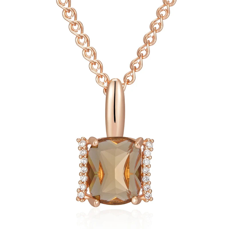 Hot Big Brown Natural Zircon Pendant Necklace for Women Fashion 585 Rose Gold Color High Quality Bride Wedding Jewelry