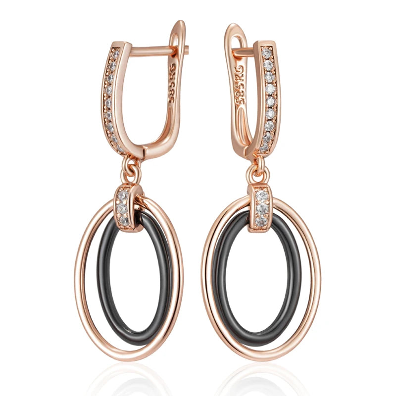 Black Oval Ceramics Long Drop Earrings for Women 585 Rose Gold Color Natural Zircon Accessories Daily Fine Jewelry