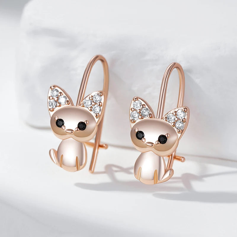 Little Cat Earrings for Girls 585 Rose Gold Color Natural Zircon Accessories Children Baby Xmas Gifts Animal Jewelry