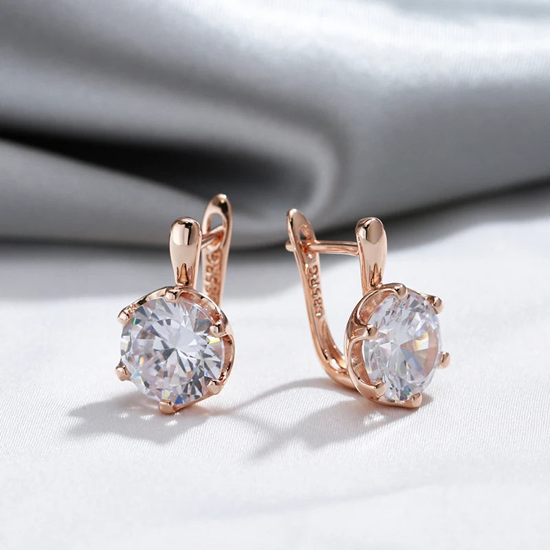 Luxury 585 Rose Gold Color English Earrings for Women Simple Shiny Big Natural Zircon Earrings Bridal Wedding Fine Jewelry