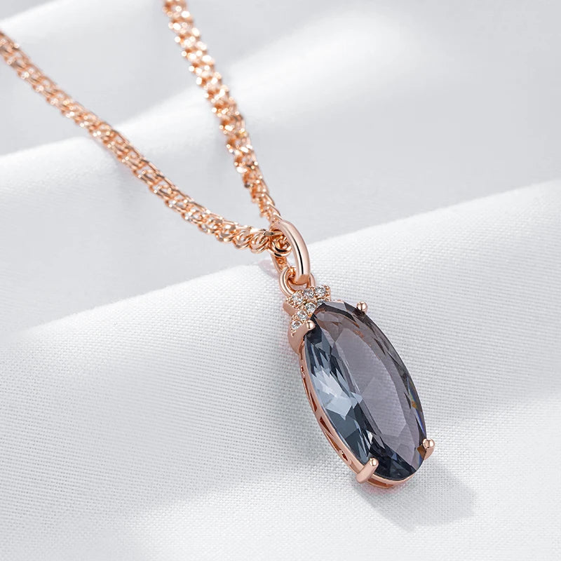 Hot Grey Big Oval Pendant Necklace for Women Trend 585 Rose Gold Color with Natural Zircon High Quality Daily Fine Jewelry