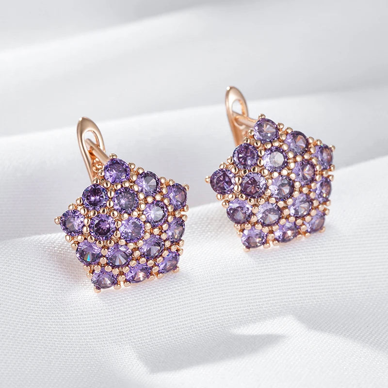 Hot Shiny Purple Natural Zircon Drop Earrings for Women Trend 585 Rose Gold Color Bride Wedding Fine Jewelry Crystal Gift