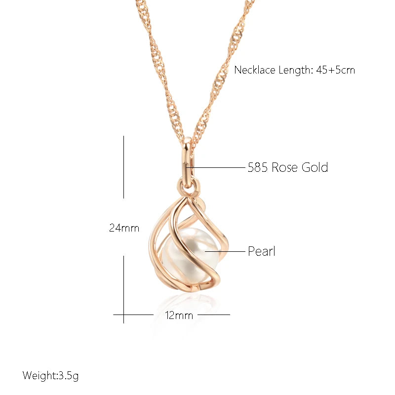 Luxury 585 Rose Gold Pendant Necklace for Women Unique Geometric Hollow Pearl Bridal Wedding Jewelry Daily Wear Gift