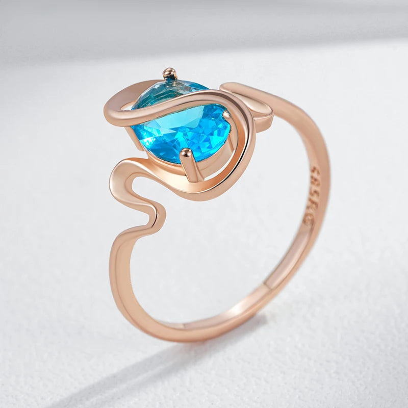 Hot Simple Romantic Blue Natural Zircon Wedding Rings for Women Luxury 585 Rose Gold Color Daily Fine Jewelry Best Gift