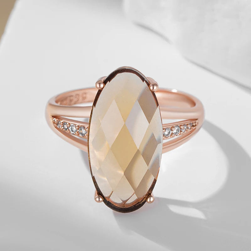 Fashion Big Oval Light Brown Natural Zircon Ring for Women Simple 585 Rose Gold Color High Quality Bride Wedding Jewelry
