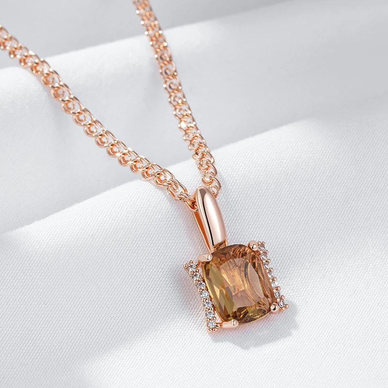 Hot Big Brown Natural Zircon Pendant Necklace for Women Fashion 585 Rose Gold Color High Quality Bride Wedding Jewelry