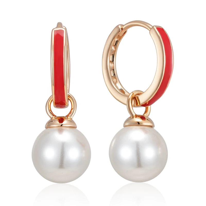 Hot Red Enamel Drop Earrings for Women Unique Geometric 585 Rose Gold Color Pearl Accessories Daily Fine Jewelry Gift
