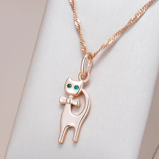 Cute Cat Pendant Necklace for Girls 585 Rose Gold Color Natural Zircon Accessories Children Xmas Gifts Animal Jewelry