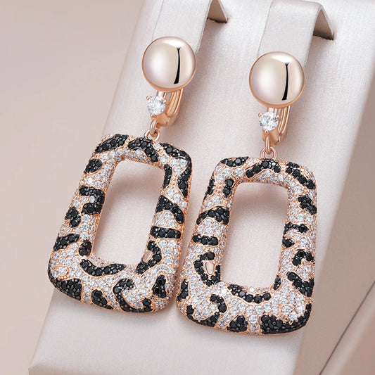 Shiny Natural Zircon Leopard Print Drop Earrings for Women Unique 585 Rose Gold and Black Plating Vintage Daily Jewelry