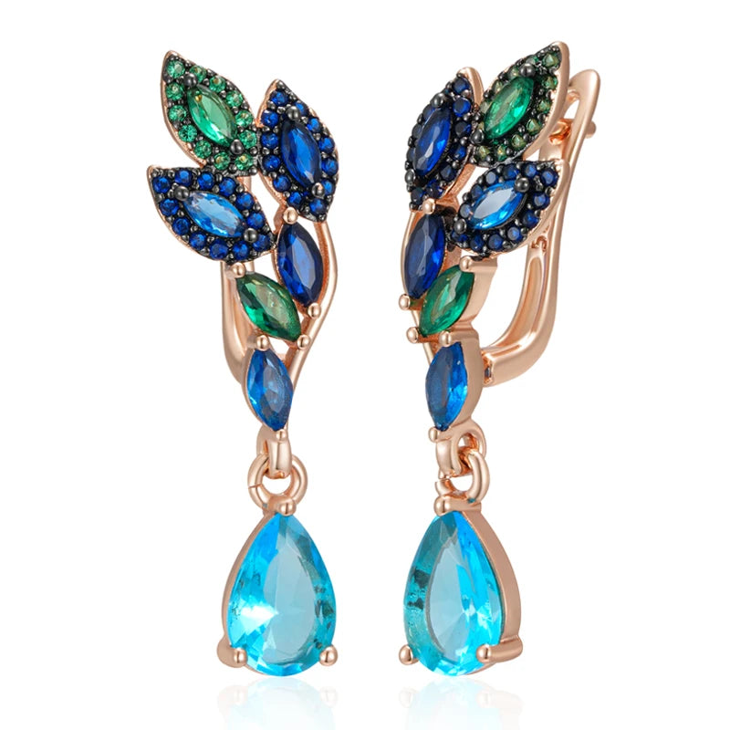 Hot Green Blue Natural Zircon Drop Earrings for Women 585 Rose Gold and Black Plating Crystal Leaf Daily Fine Jewelry