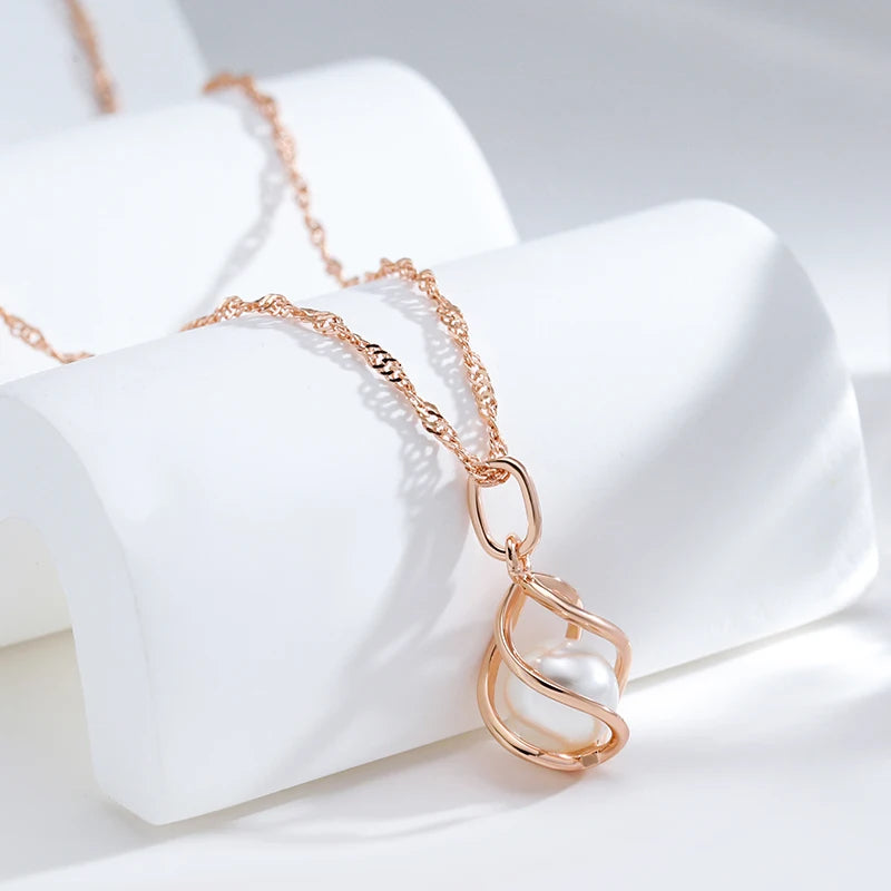 Luxury 585 Rose Gold Pendant Necklace for Women Unique Geometric Hollow Pearl Bridal Wedding Jewelry Daily Wear Gift