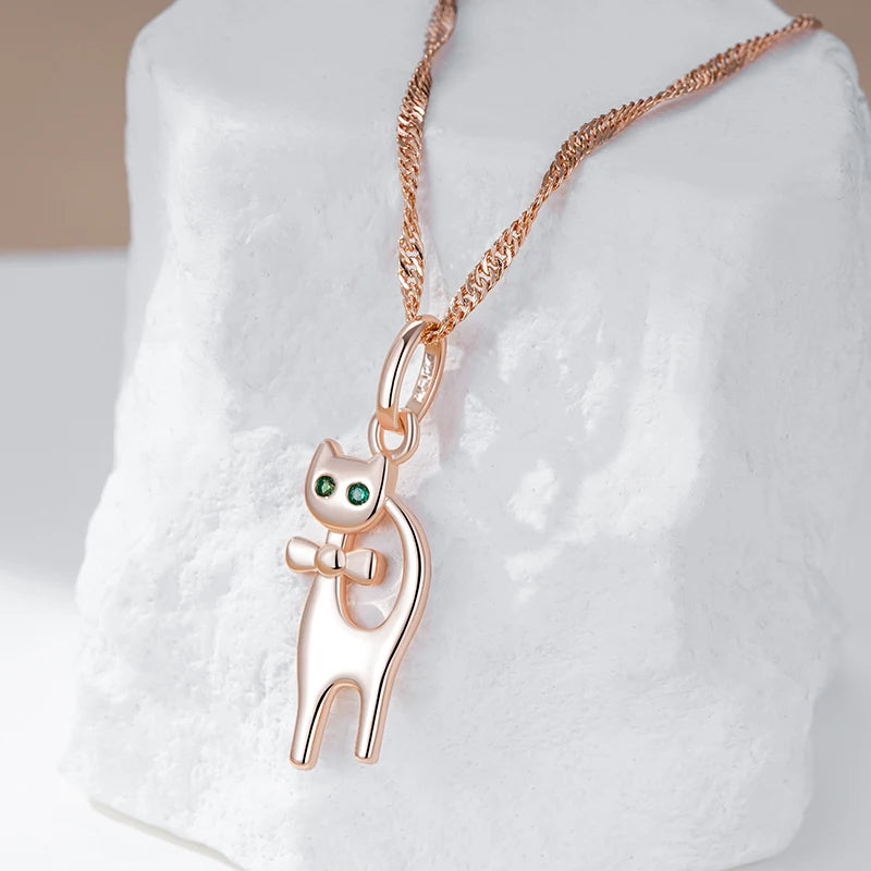 Cute Cat Pendant Necklace for Girls 585 Rose Gold Color Natural Zircon Accessories Children Xmas Gifts Animal Jewelry