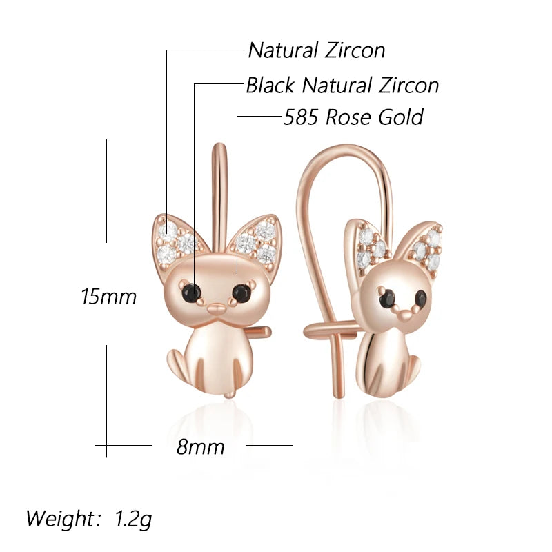 Little Cat Earrings for Girls 585 Rose Gold Color Natural Zircon Accessories Children Baby Xmas Gifts Animal Jewelry