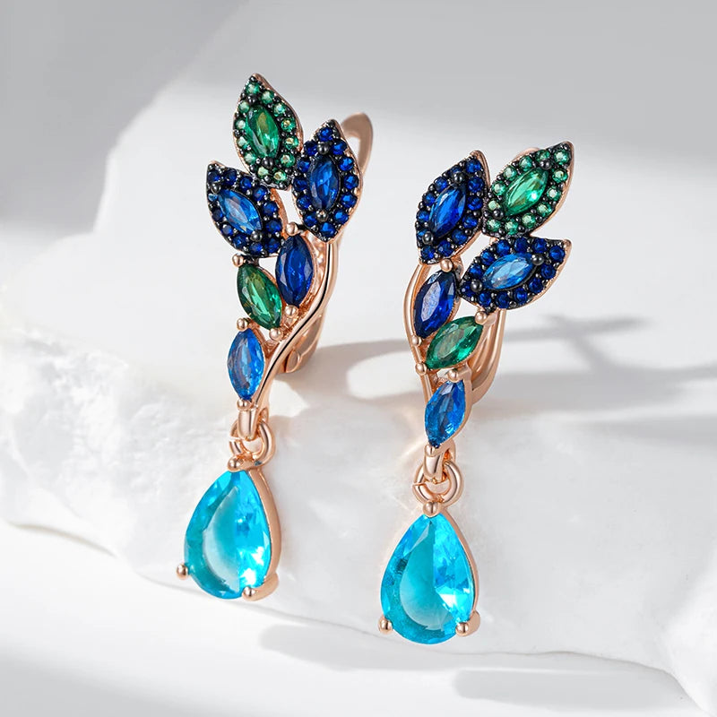 Hot Green Blue Natural Zircon Drop Earrings for Women 585 Rose Gold and Black Plating Crystal Leaf Daily Fine Jewelry