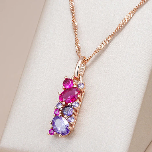 Hot Shiny Red Purple Natural Zircon Pendant Necklace for Women 585 Rose Gold Color Pendant Ethnic Daily Vintage Jewelry
