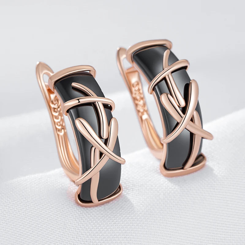 Hot 585 Rose Gold Color Black Ceramics Dangle Earrings for Women Branches Accessories High Quality Daily Fine Jewelry