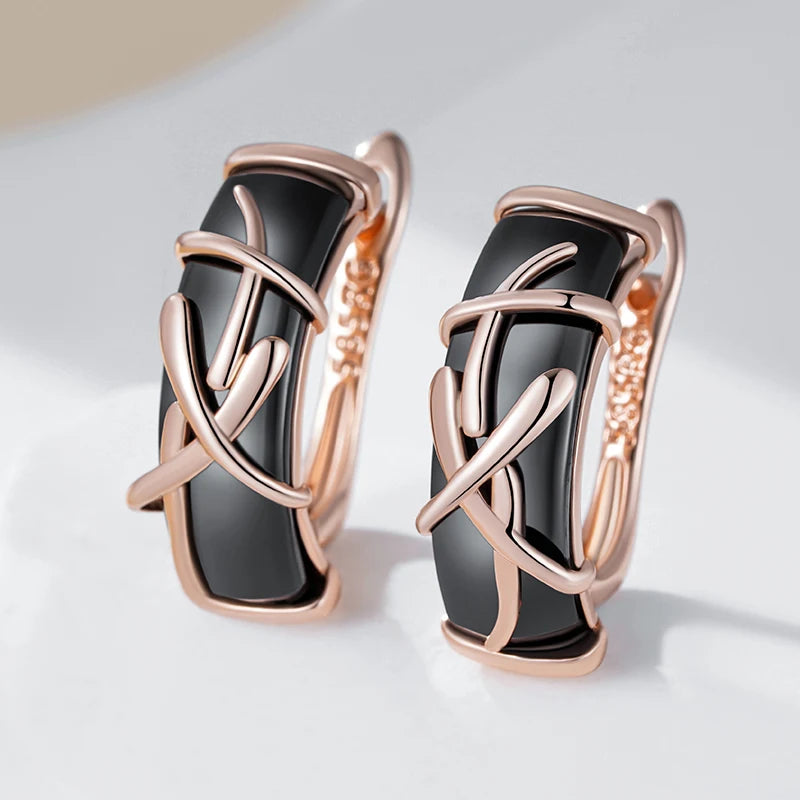Hot 585 Rose Gold Color Black Ceramics Dangle Earrings for Women Branches Accessories High Quality Daily Fine Jewelry