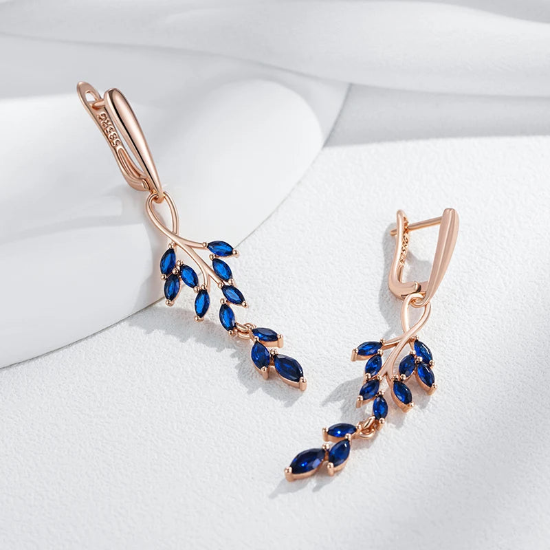 Blue Natural Zircon Leaf Shape Long Dangle Earrings for Women Fashion 585 Rose Gold Color High Quality Daily Jewelry