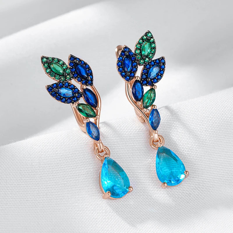 Hot Green Blue Natural Zircon Drop Earrings for Women 585 Rose Gold and Black Plating Crystal Leaf Daily Fine Jewelry