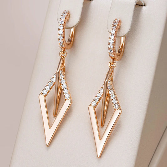 Fashion Glossy Hollow Rhombus Drop Earring for Women Unusual Natural Zircon 585 Rose Gold Color Daily Fine Ethnic Jewelry
