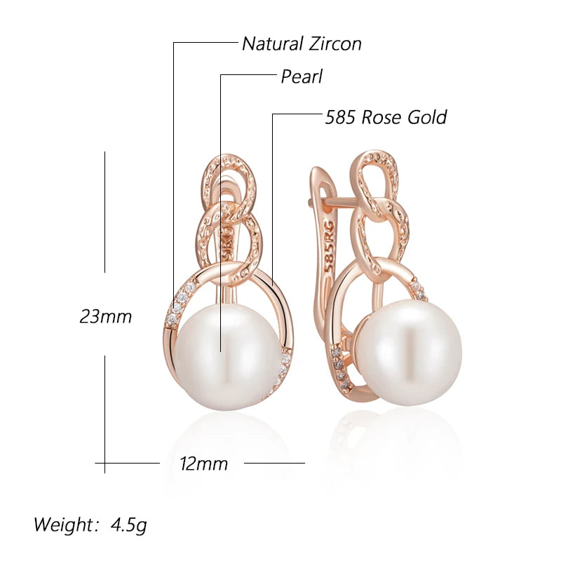  Pearl English Earrings for Women Luxury 585 Rose Gold Color with Natural Zircon Bridal Wedding Jewelry