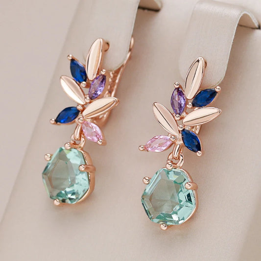 Fashion Unique Green Stone Drop Earrings for Women Rhombus Natural Zircon 585 Rose Gold Color Vintage Wedding Jewelry