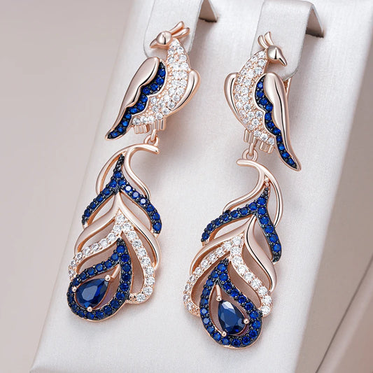 Hot Blue Natural Zircon Peacock Drop Earrings for Women 585 Rose Gold and Black Plating Vintage Animal Daily Punk Jewelry