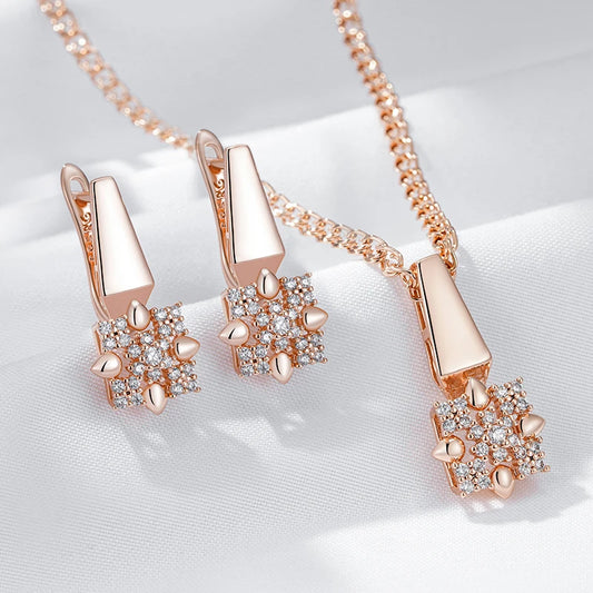 Hot 585 Rose Gold Color Crystal Flower Drop Earrings Pendant for Women Natural Zircon Accessories Daily Fine Jewelry Sets