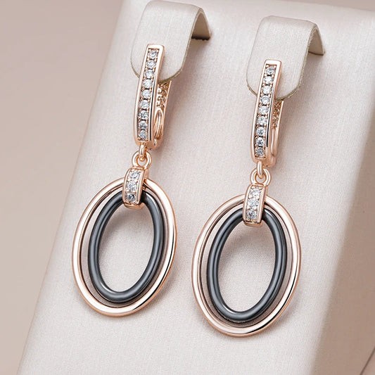 Black Oval Ceramics Long Drop Earrings for Women 585 Rose Gold Color Natural Zircon Accessories Daily Fine Jewelry