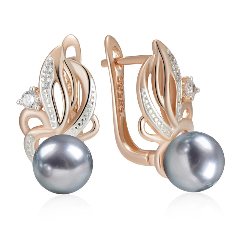 Hot Natural Zircon Flower Gray Pearl Drop Earrings for Women 585 Rose Gold Silver Color Mix Boho Ethnic Wedding Jewelry
