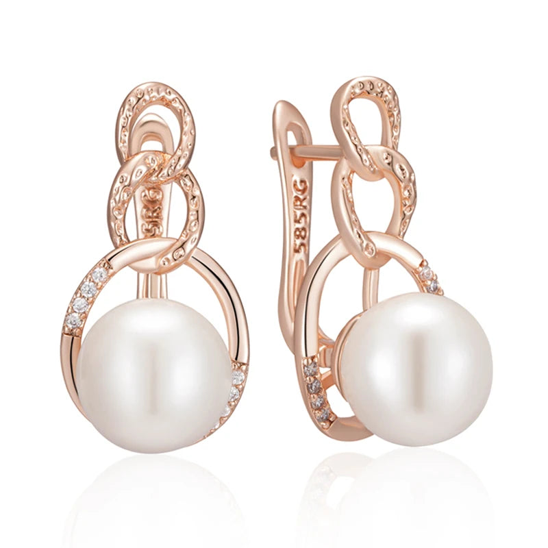  Pearl English Earrings for Women Luxury 585 Rose Gold Color with Natural Zircon Bridal Wedding Jewelry