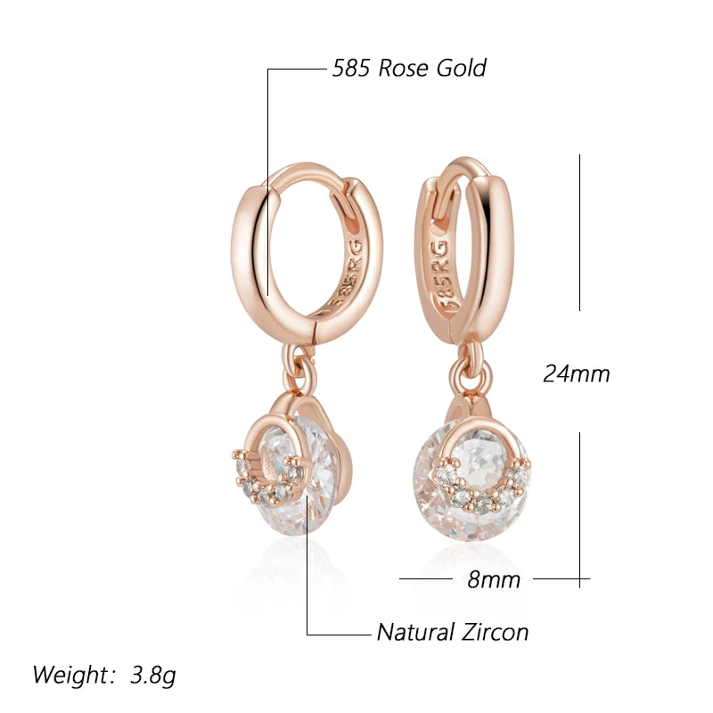 Hot 585 Rose Gold Color Drop Earrings for Women Fashion White Natural Zircon Accessories Daily Fine Jewelry Crystal Gift