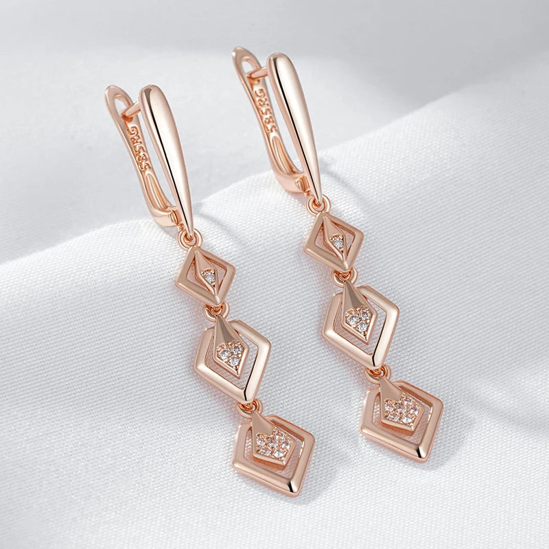 Hollow Geometry Drop Earring for Women 585 Rose Gold Color Shiny Natural Zircon Daily Fine Ethnic Jewelry
