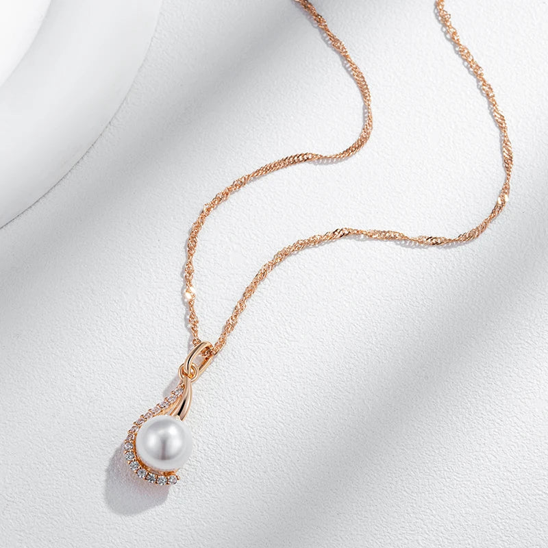 Luxury 585 Rose Gold Color Pendant Necklace for Women Unique Geometric Pearl Pendant Bride Daily Fine Jewelry 2024 New