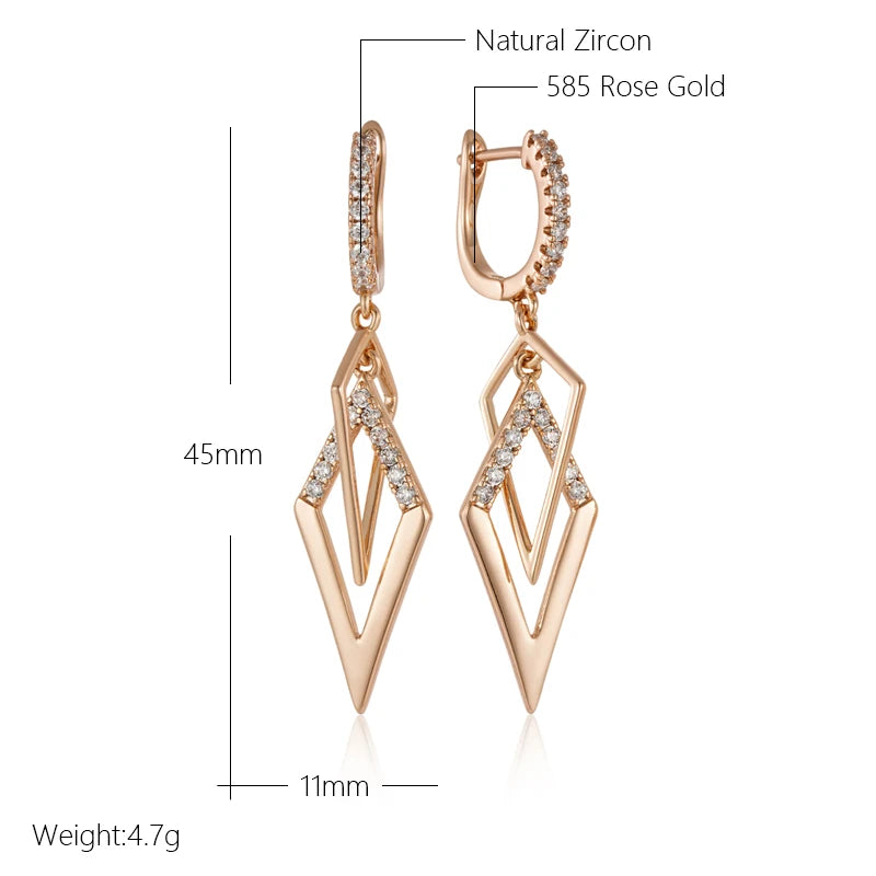 Fashion Glossy Hollow Rhombus Drop Earring for Women Unusual Natural Zircon 585 Rose Gold Color Daily Fine Ethnic Jewelry